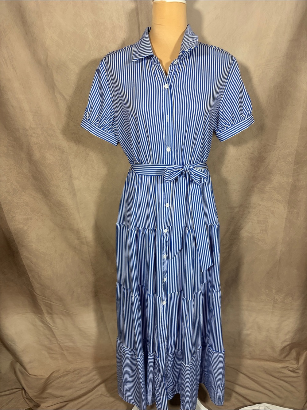 Blue and White Striped Button-Front Maxi Dress with Tie Waist